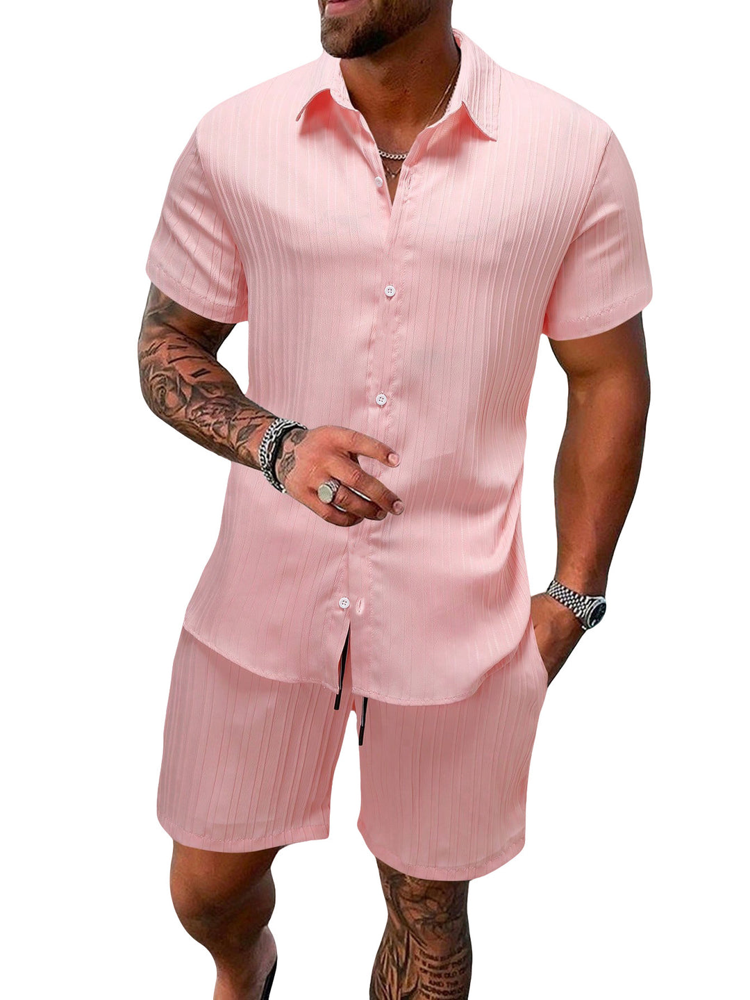 Men's lightweight short-sleeve shirt with open collar and matching casual shorts made of textured cotton blend Mune Fashion