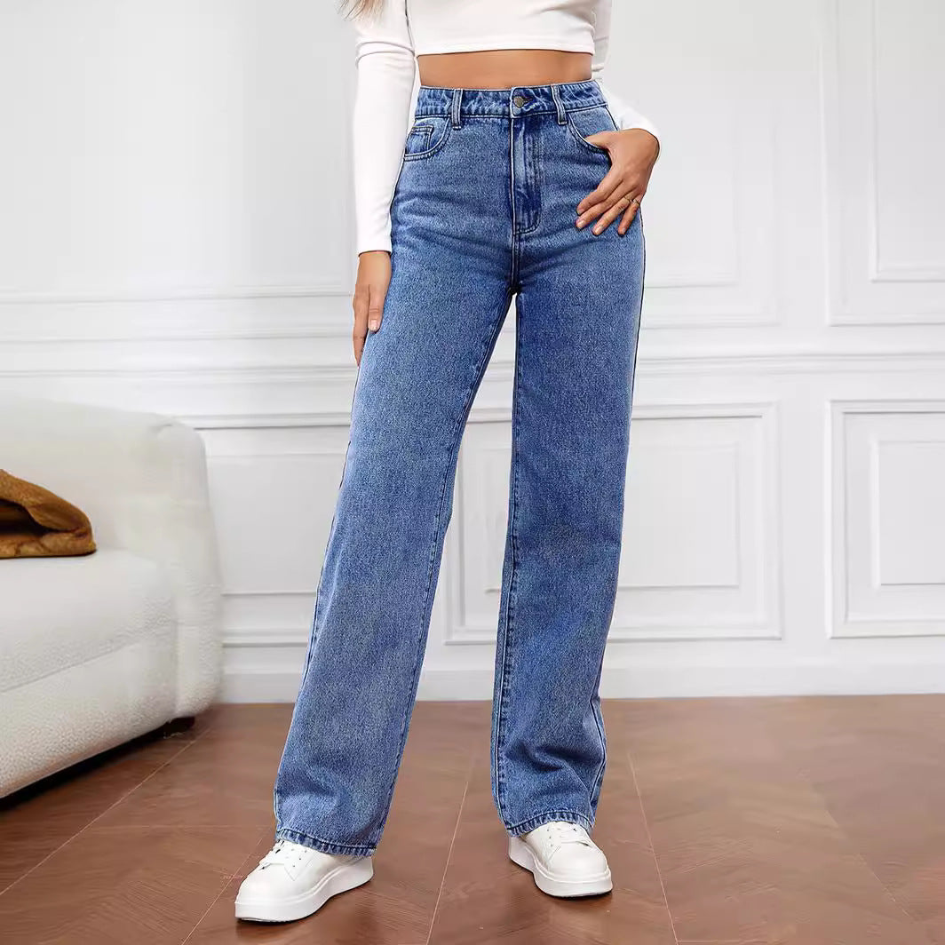 Women's high-waisted wide denim jeans with straight leg and elastic waistband Mune Fashion