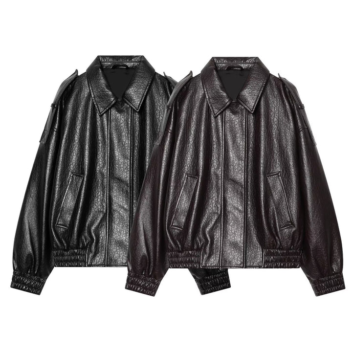 Women's Oversized Faux Leather Bomber Jacket with Epaulettes and Gathered Hem Mune Fashion