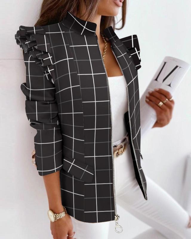 Women's Leo Jacket with Ruffle Sleeves, Stand Collar and Zipper Front Mune Fashion