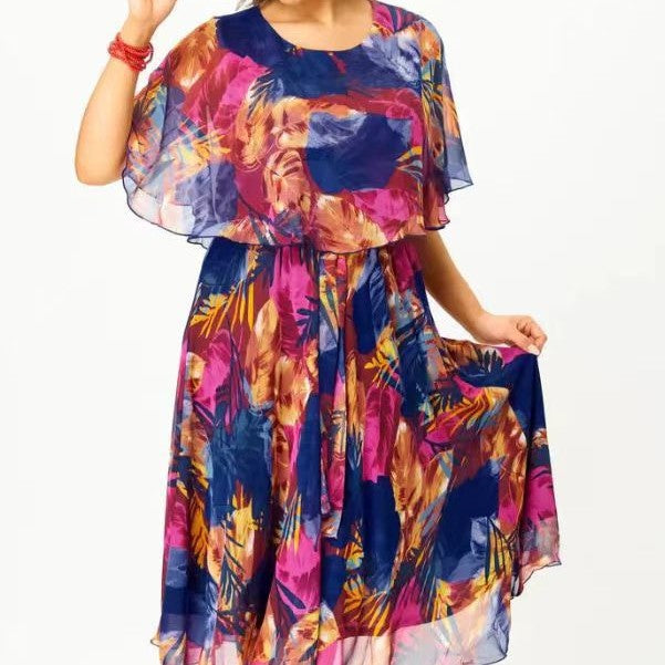 Women's Chiffon Midi Dress with Cape Sleeves and Elastic Waistband Mune Fashion