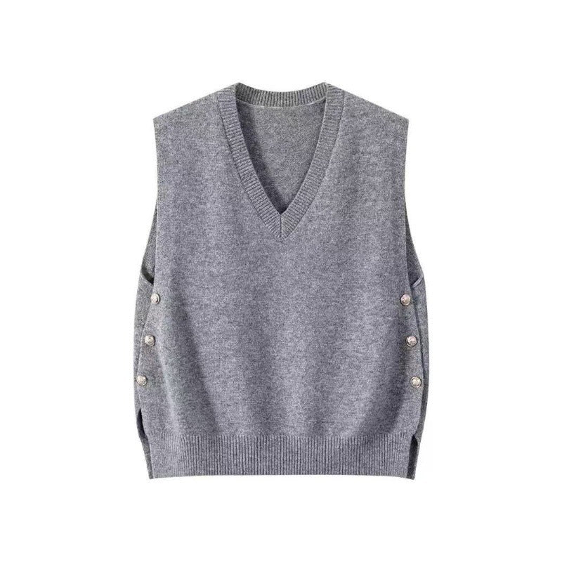 Women’s Sleeveless Fine Knit Vest with V-Neck and Side Button Placket Mune Fashion