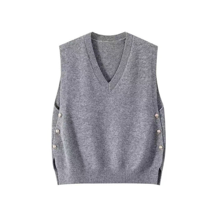 Women’s Sleeveless Fine Knit Vest with V-Neck and Side Button Placket Mune Fashion