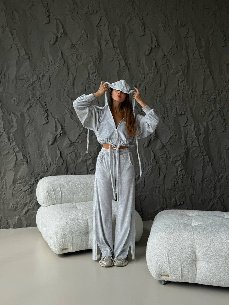 Women's Cropped Hoodie with Drawstring and Wide Split Pants Lounge Set Mune Fashion