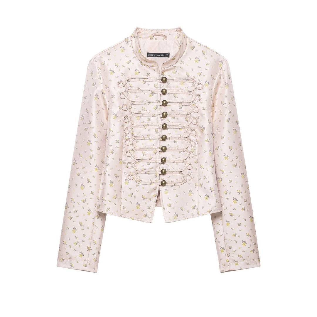 Women's short jacket in military-inspired brocade and frogging design Drune