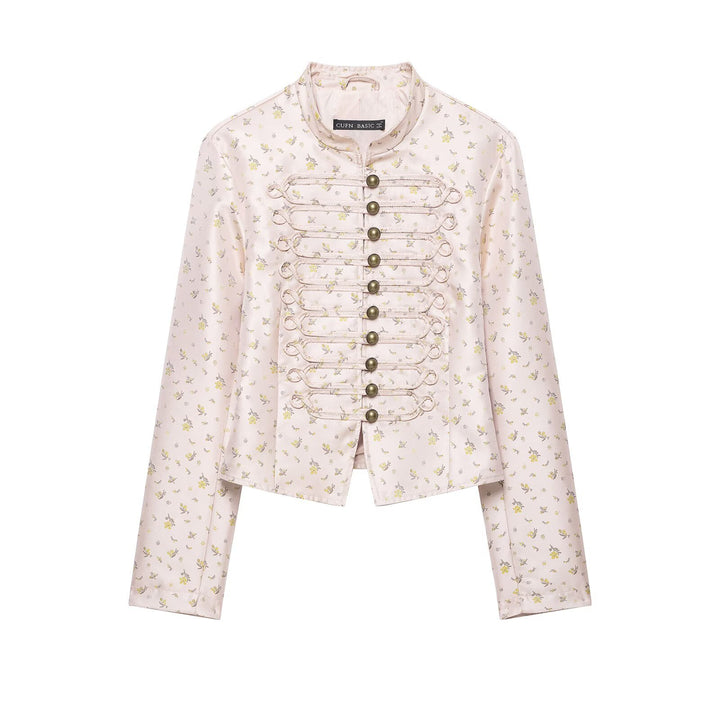 Women's short jacket in military-inspired brocade and frogging design Drune