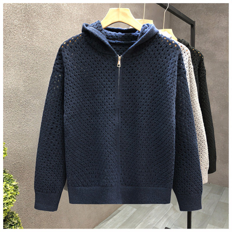 Unisex Light Openwork Knit Hooded Zip Jacket with Eyelet Pattern Mune Fashion