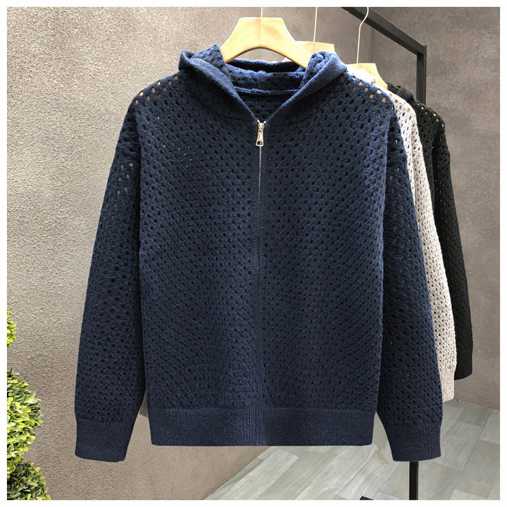 Unisex Light Openwork Knit Hooded Zip Jacket with Eyelet Pattern Mune Fashion