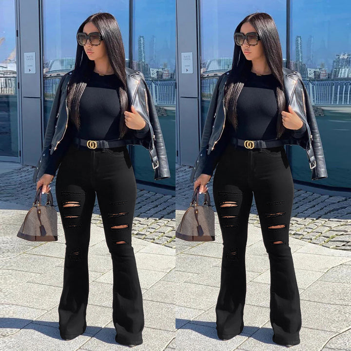 Women's High-Waist Flared Pants in Stretch Denim with Multiple Destroyed Effect Mune Fashion