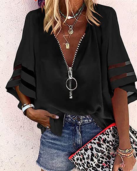 Women V-neck blouse with decorative ring zipper and cut-out sleeves Mune Fashion