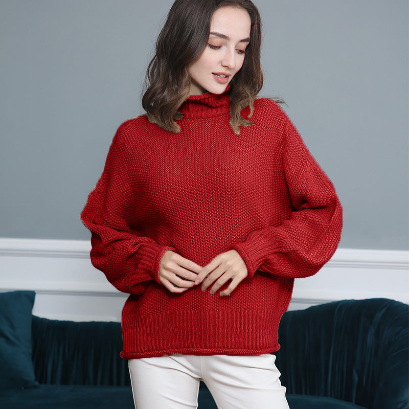 Women's Chunky Knit Turtleneck Sweater with Balloon Sleeves Mune Fashion