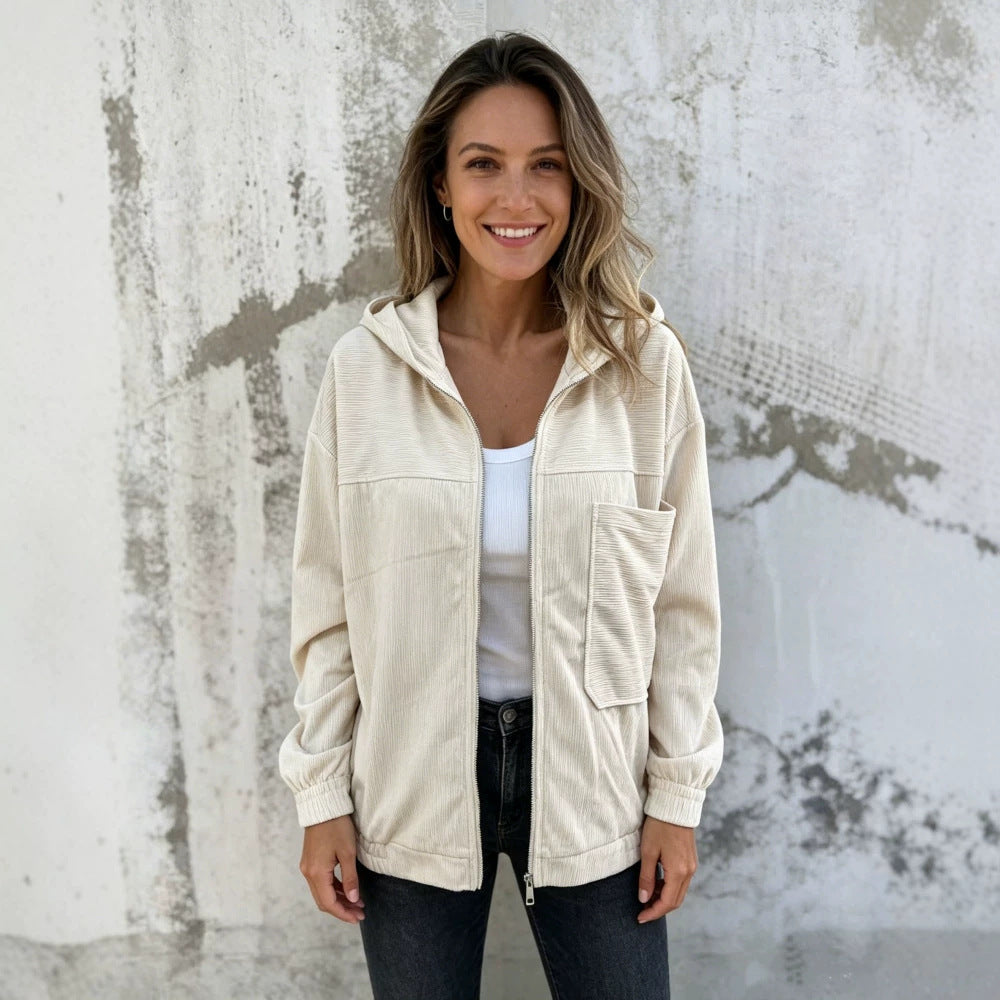 Women's fine corduroy transitional jacket with hood, zipper, elastic cuffs, and side insert pockets Mune Fashion