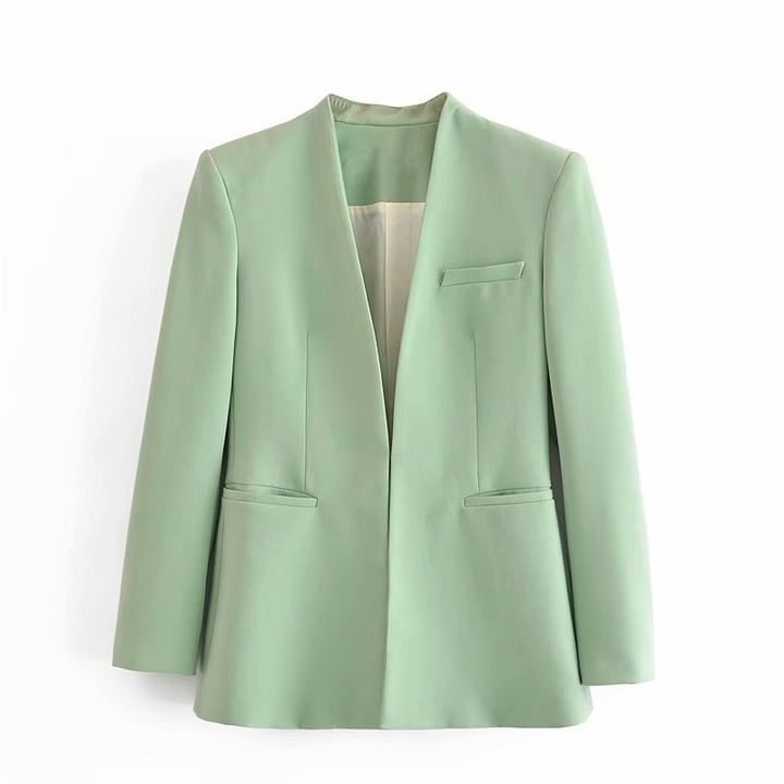 Women Tailored Blazer without Lapels with Open Front and Welt Pockets Mune Fashion