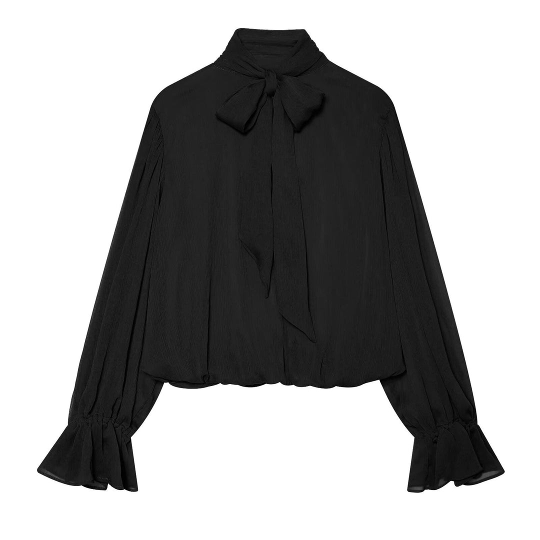 Women's chiffon blouse with tie, standing collar, and gathered balloon sleeves Mune Fashion