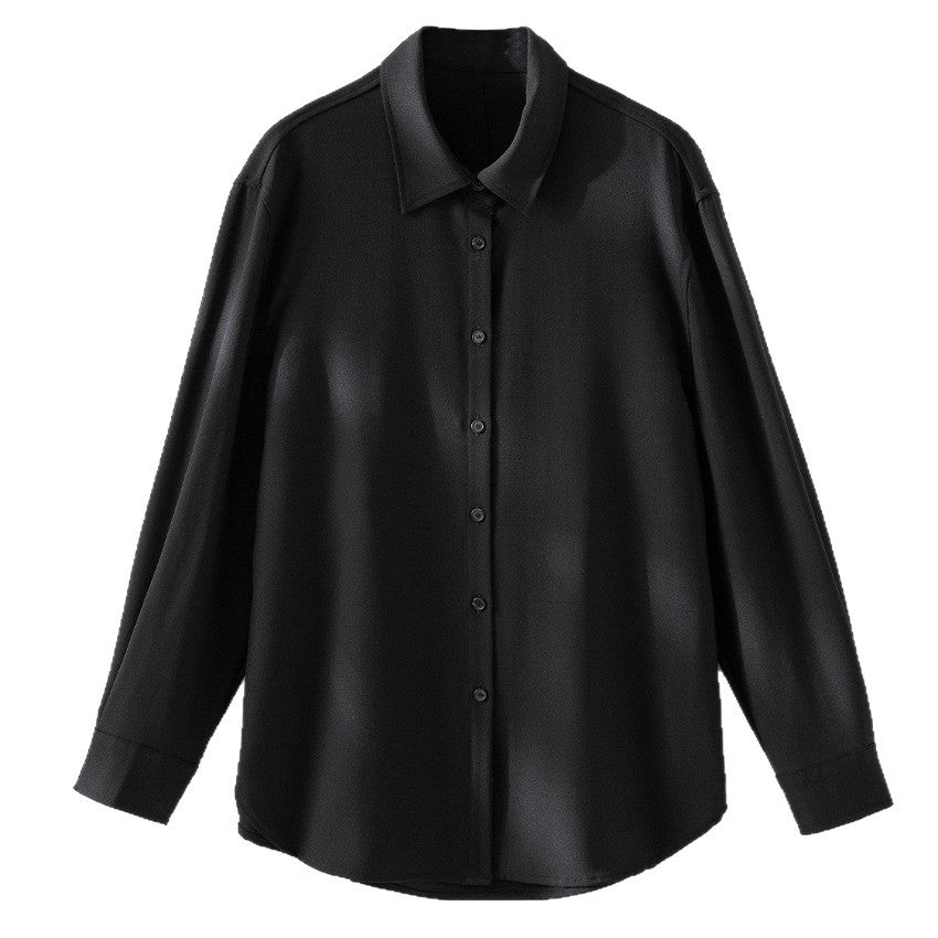Women's Oversize Satin Blouse in Shirt Cut with Classic Collar and Rounded Hem Mune Fashion