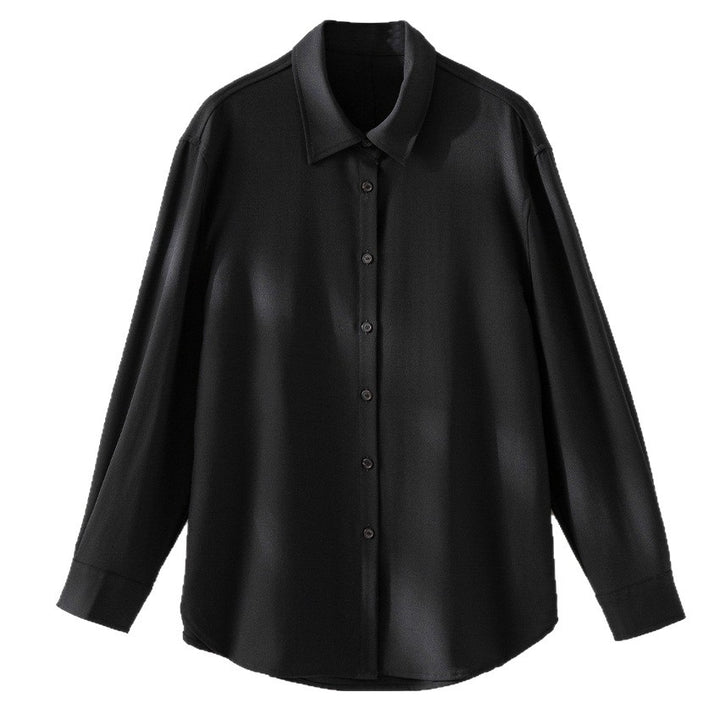 Women's Oversize Satin Blouse in Shirt Cut with Classic Collar and Rounded Hem Mune Fashion