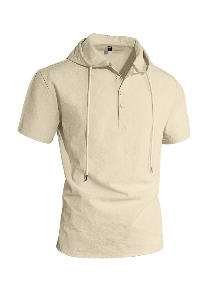 Men's short-sleeved hooded Henley made of slub cotton with concealed button placket and drawstring Mune Fashion