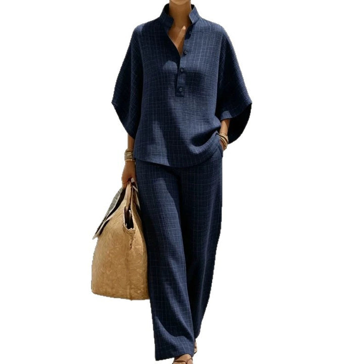 Women's Lightweight Waffle Knit Two-Piece Set with Stand Collar, Button Placket, and Palazzo Pants Mune Fashion