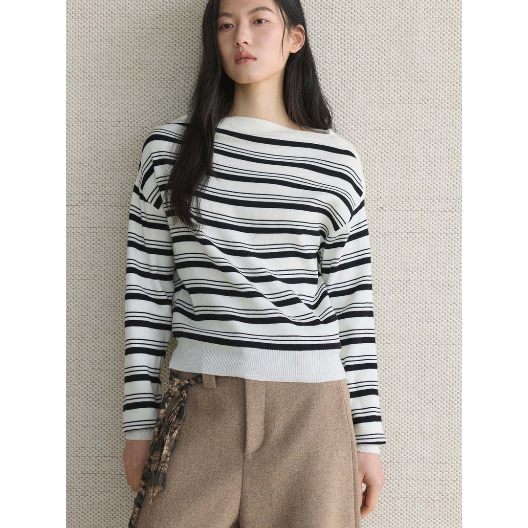 Ladies fine knit sweater with asymmetric boat neckline and fine block stripes Mune Fashion