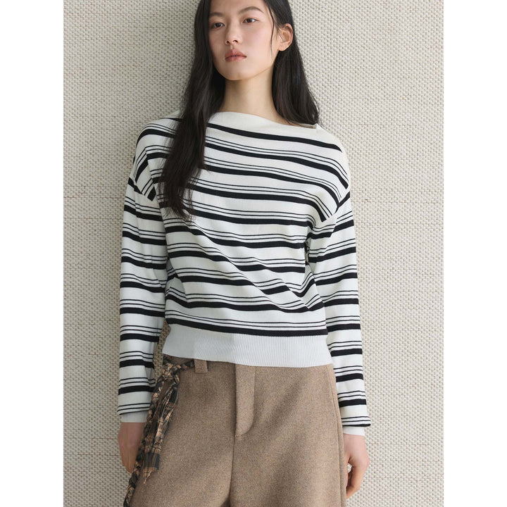 Ladies fine knit sweater with asymmetric boat neckline and fine block stripes Mune Fashion