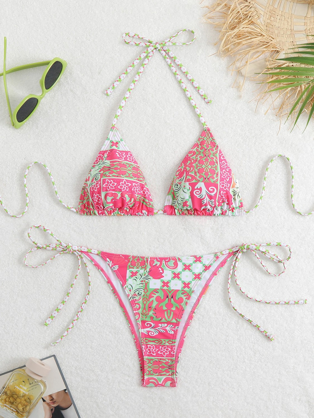 Women's Triangle Bikini Set with Playful Floral Pattern and Fine Ties Mune Fashion