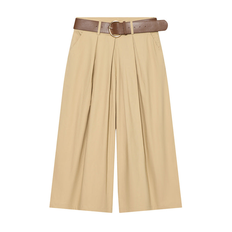 Women's High-Waisted Culotte Pants with Wide Leg, Knife Pleats and Round Buckle Belt Mune Fashion