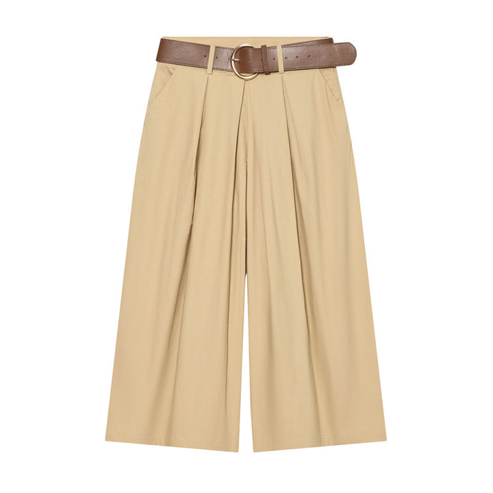 Women's High-Waisted Culotte Pants with Wide Leg, Knife Pleats and Round Buckle Belt Mune Fashion