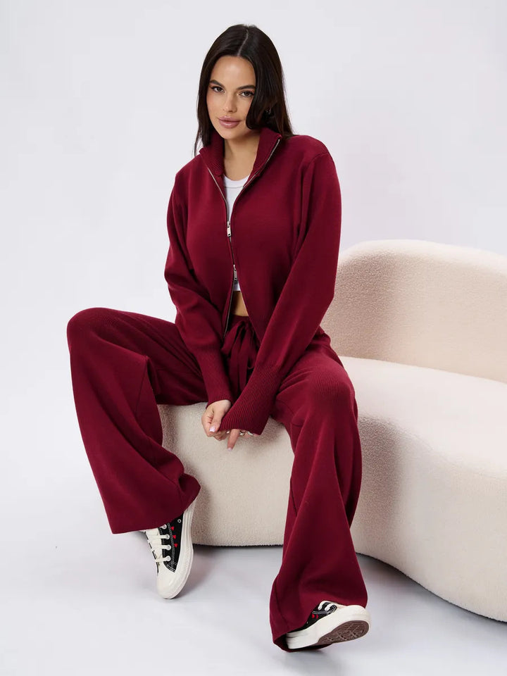 Women knitted loungewear two-piece with short zip cardigan and wide high waist pant leg Mune Fashion