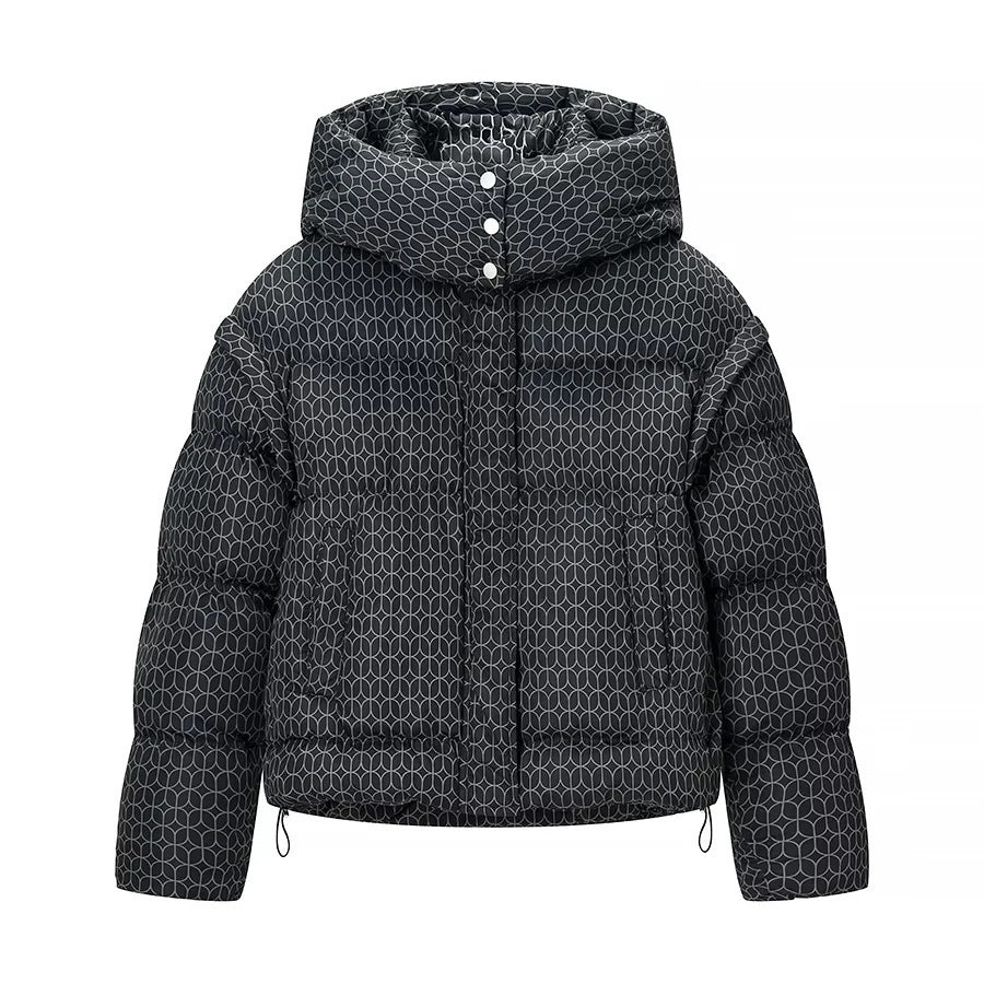 Women nan short boxy quilted jacket with graphic quilt pattern, large hood, concealed snap button placket and drawstring hem Mune Fashion