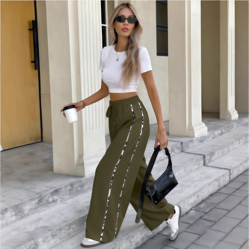Women's Wide High-Waist Lounge Pants with Drawstring and Contrasting Side Stripes Mune Fashion