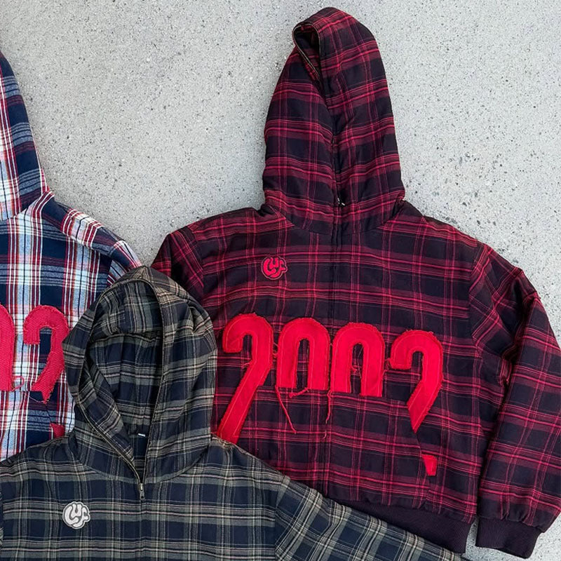 Unisex nan checkered hoodie with frayed year application and ribbed cuffs Mune Fashion