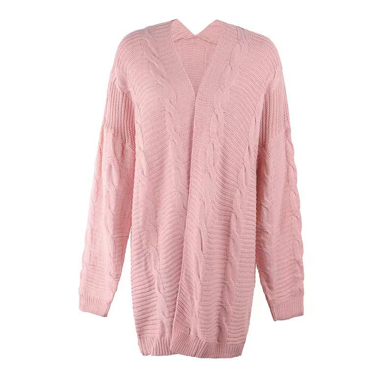 Women's long oversized knitted cardigan with cable pattern and V-neck Mune Fashion