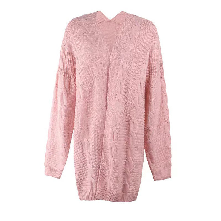 Women's long oversized knitted cardigan with cable pattern and V-neck Mune Fashion