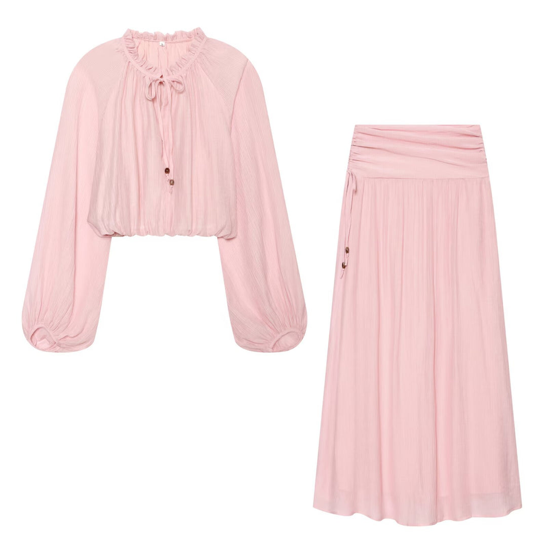 Women's Lightweight Pleated Crop Top with Ruffled Collar and Drawstring Mune Fashion
