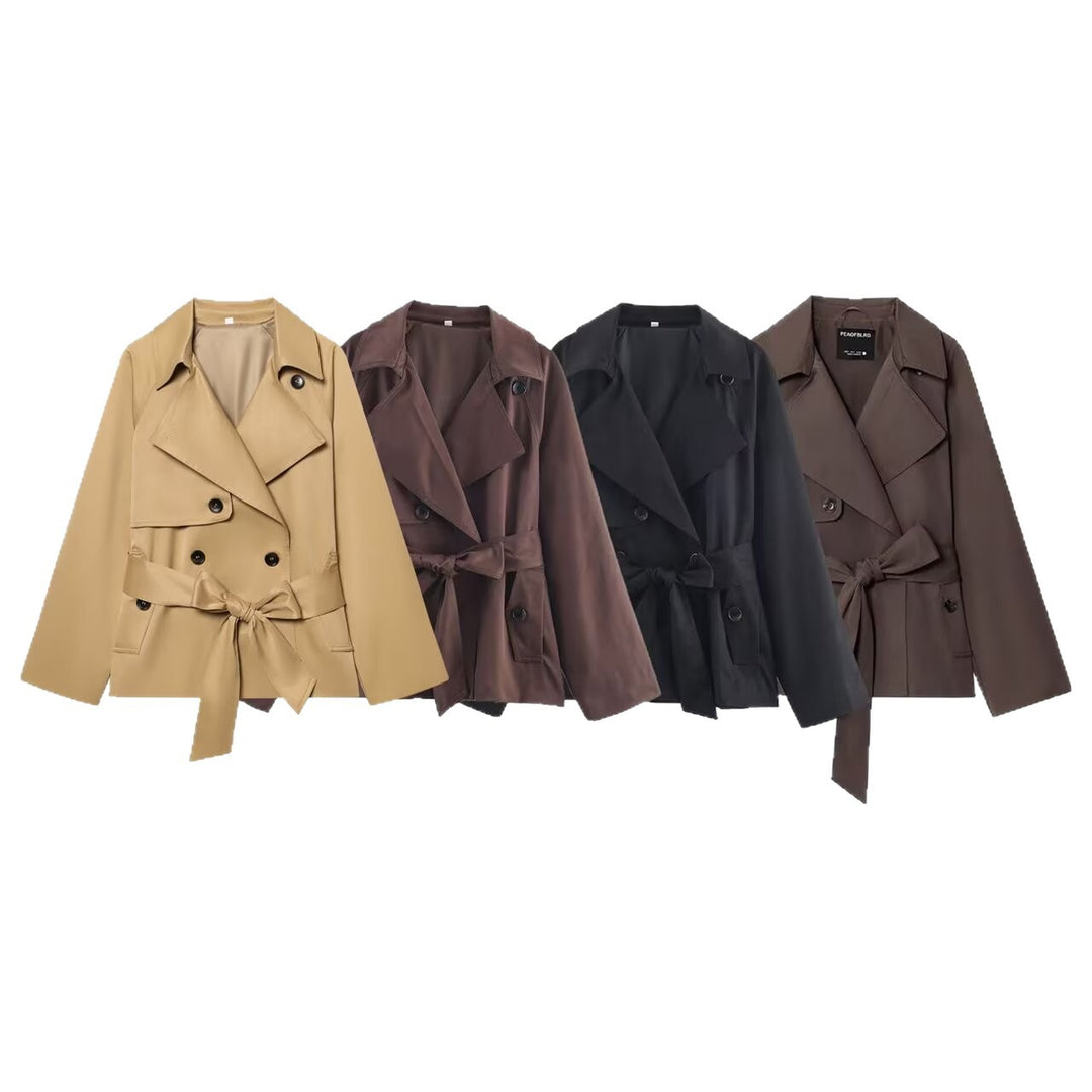 Women Cropped Waist Belt Trench Coat with Wide Lapels and Flap Pockets Mune Fashion