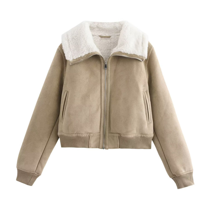 Women's short-cut faux suede bomber jacket with teddy lining, zip and ribbed cuffs Mune Fashion