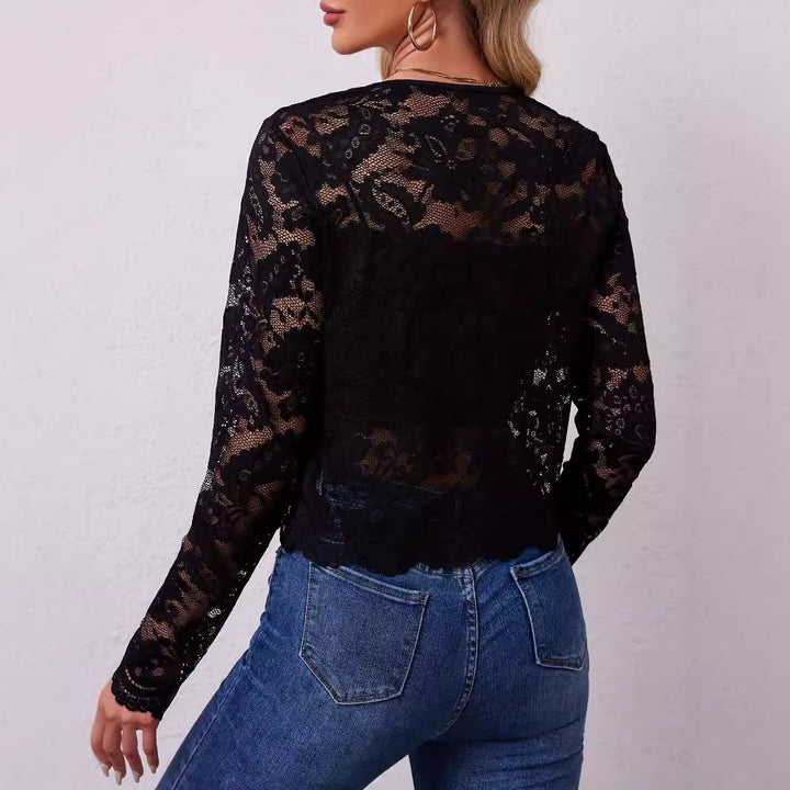 Women's short-cut transparent lace bolero jacket with floral lace and hook closure Mune Fashion