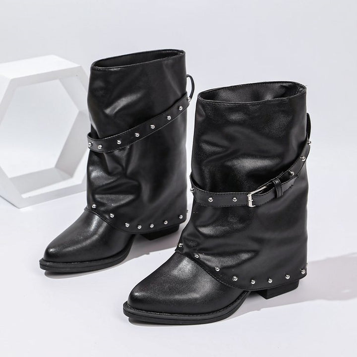 Women's Fashionable Boots with Studs and Belt Details Mune Fashion