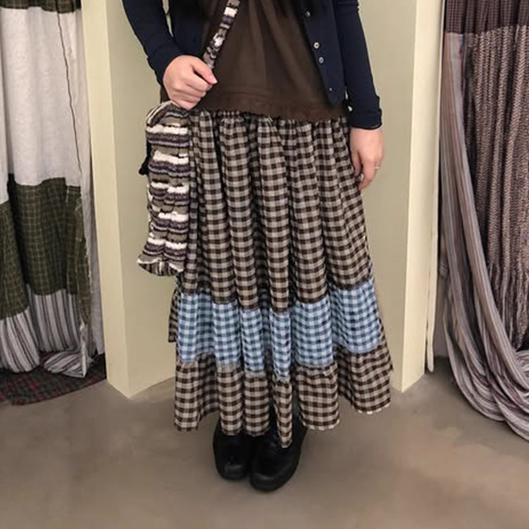 Women's multi-layered cotton tiered skirt with elastic waistband, contrasting gingham ribbon and ruffle Mune Fashion