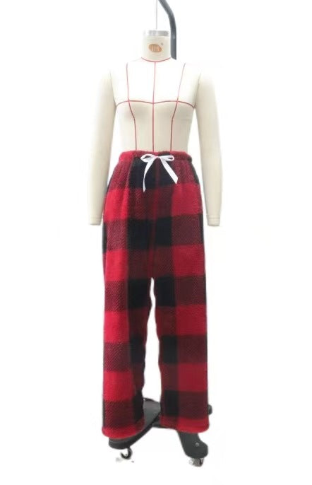 Women's cozy checked fleece pants with drawstring waistband and wide leg Mune Fashion