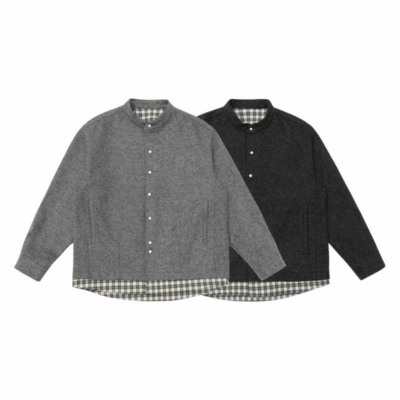 Unisex Oversize Wool Blend Shirt Jacket with Stand-up Collar, Snap Button Placket and Checked Hem Band Mune Fashion