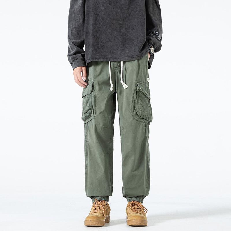 Men's Loose Multifunctional Cargo Joggers with Elastic Drawstring Waistband and Large Flap Pockets Drune