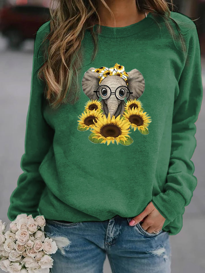 Women’s sweatshirt with elephant print, sunflower motif, and soft fleece Mune Fashion