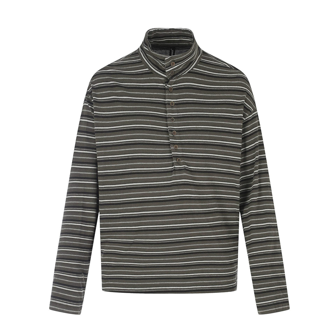 Men's fine striped henley with high stand-up collar, full button placket, and boxy cut Mune Fashion