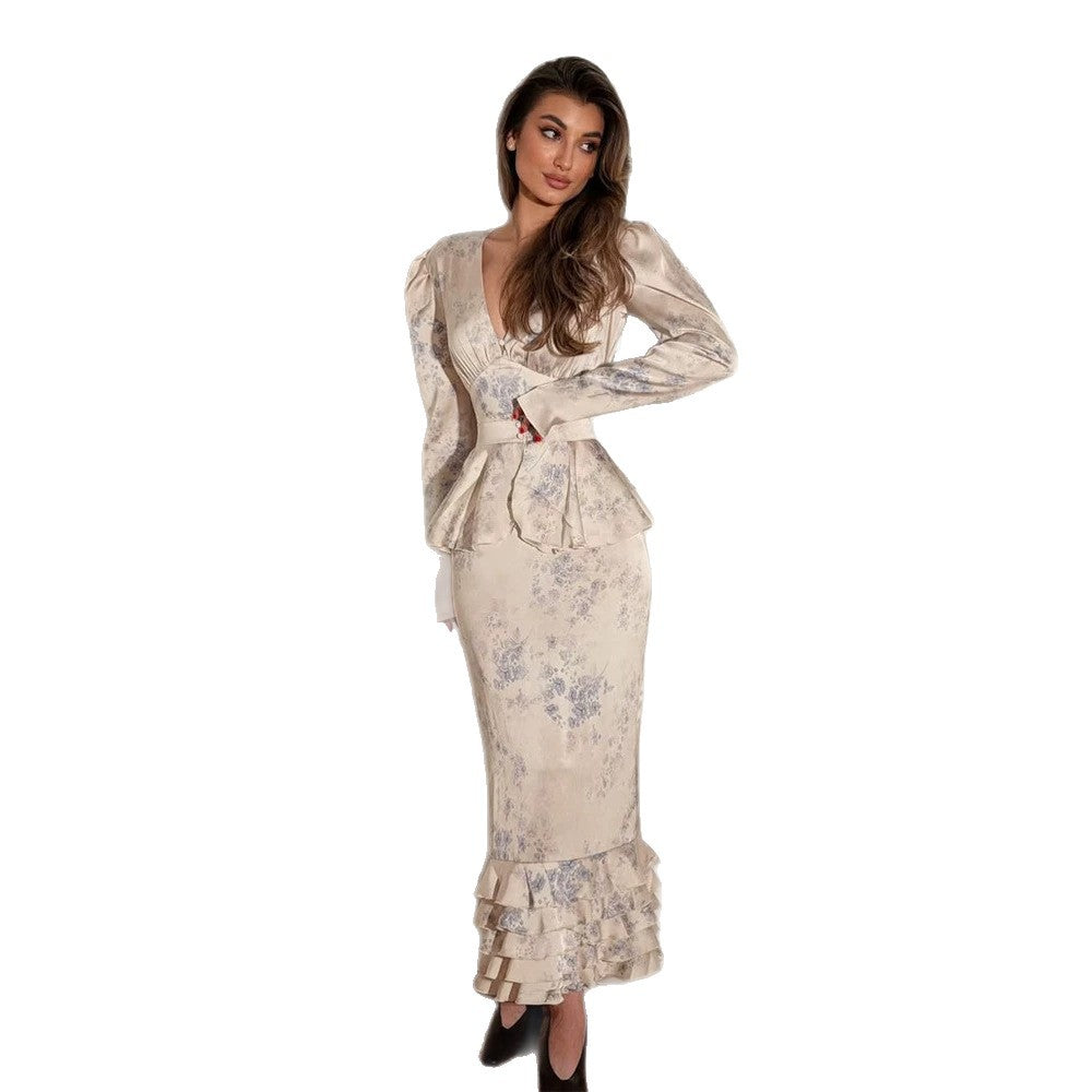 Women Fitted Midi Dress with Deep V-Neck, Peplum Waistband and Layered Ruffle Hem Mune Fashion