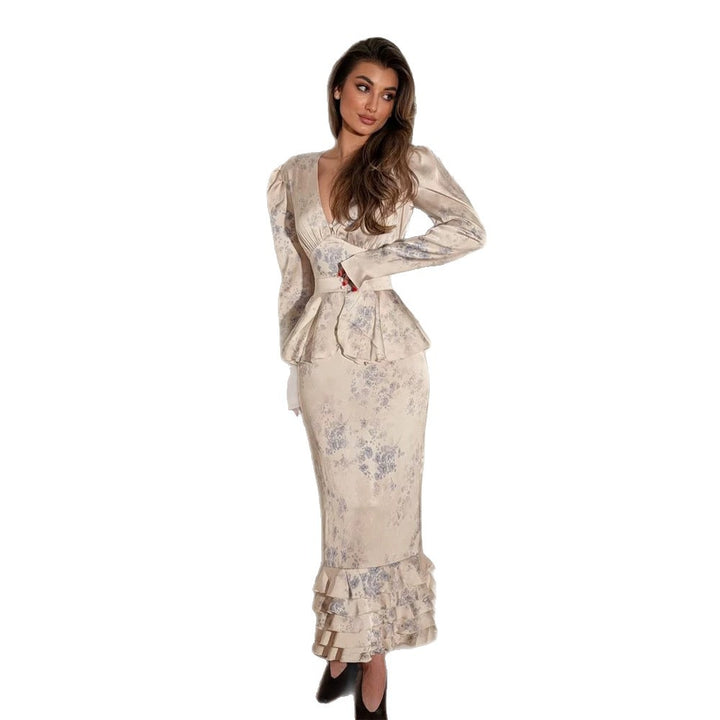 Women Fitted Midi Dress with Deep V-Neck, Peplum Waistband and Layered Ruffle Hem Mune Fashion