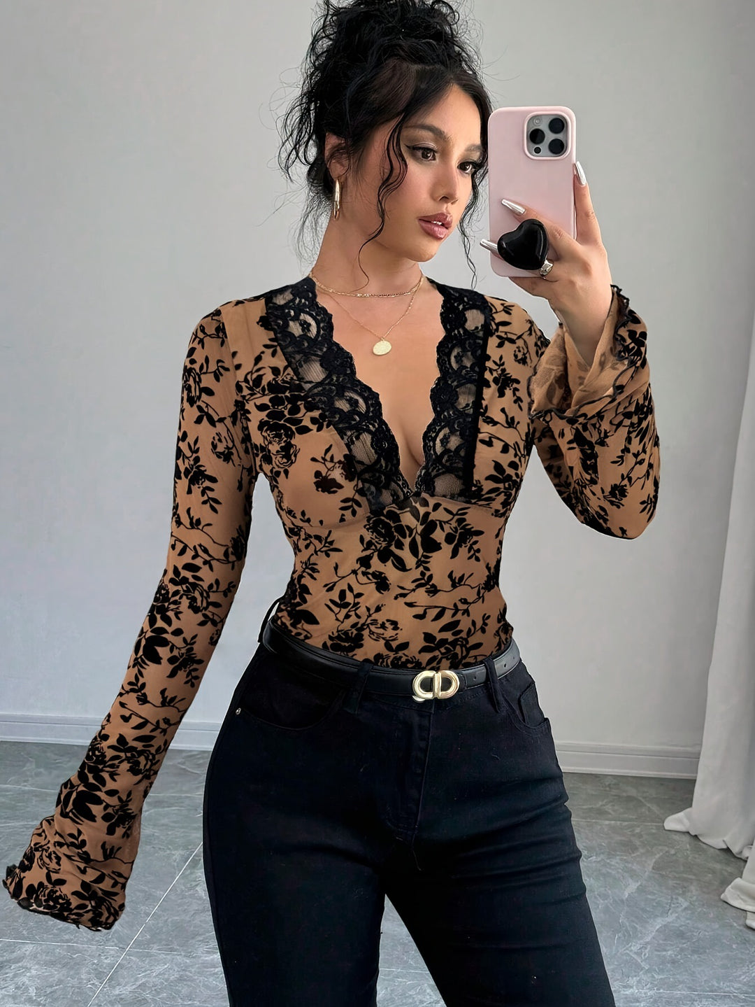 Women's tight-fitting transparent mesh lace blouse with deep V-neck and floral velvet texture Mune Fashion