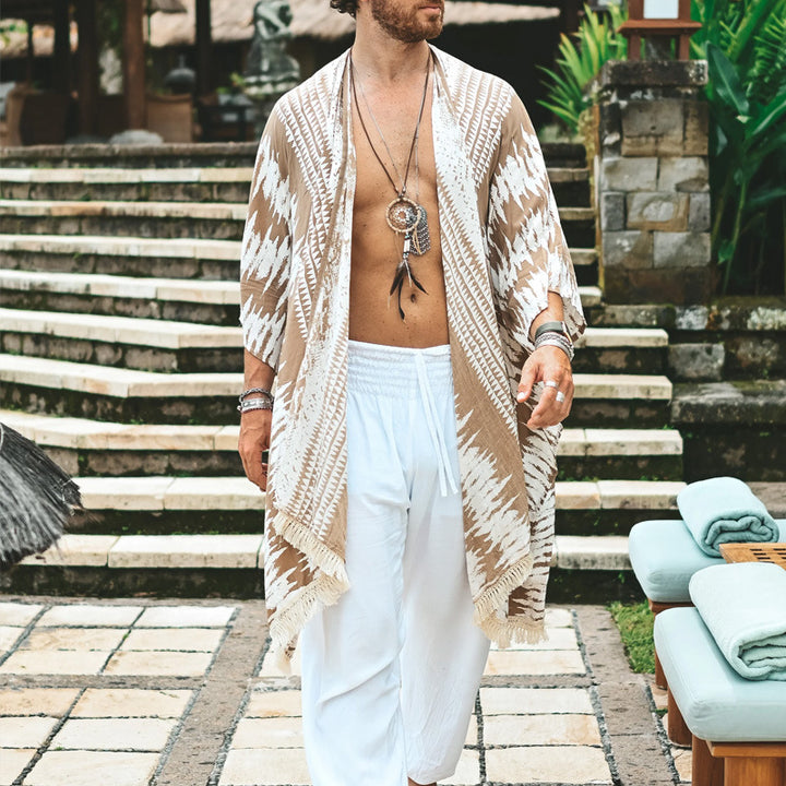 Men's Lightweight Ethno Beach Kaftan with V-Neck and Fringes Mune Fashion