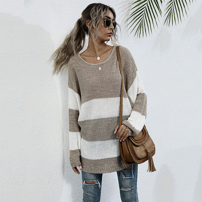 Women Casual Knit Sweater with Block Stripes Mune Fashion