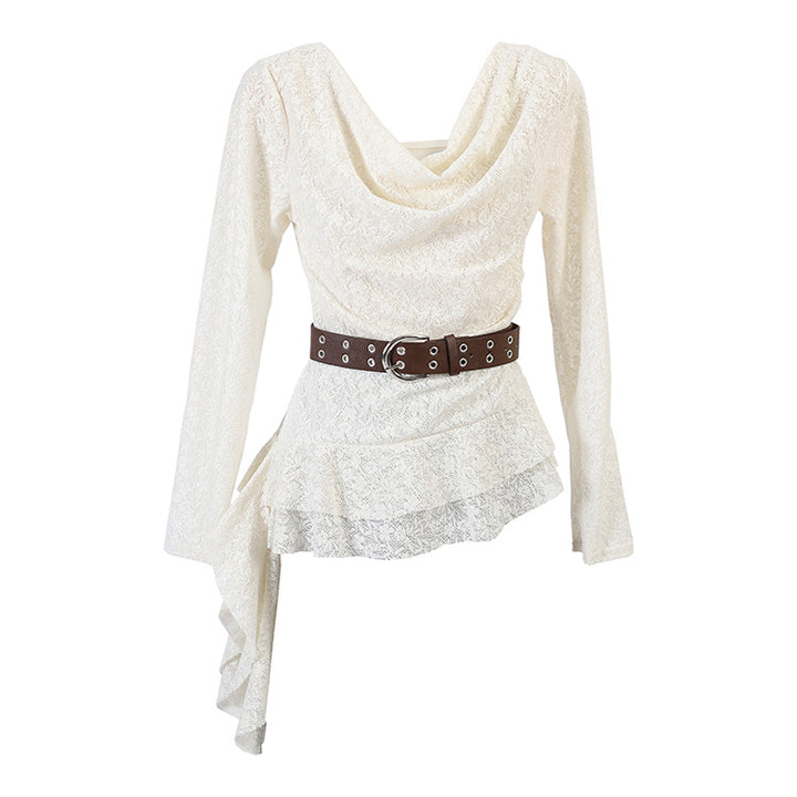 Women's nan draped lace top with asymmetrical pointed hem and waist belt Mune Fashion